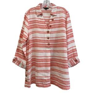 John Mark Womens Size L Striped 100% Linen Tunic‎ Top Coral Beach Vacation Boho